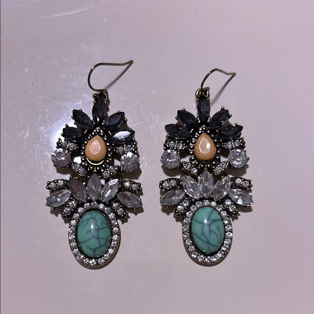Anthropologie Turquiose & Cream Stones W/ Rhinestone Statement Earrings